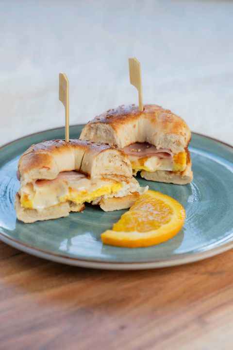 Bacon, Egg and Cheese breakfast sandwich on a sesame bagel
